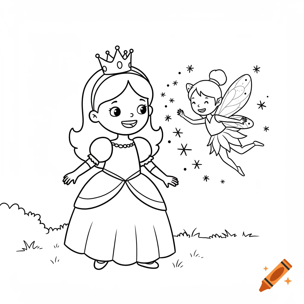 Black and white line art of a smiling cartoon princess with a crown and a flying fairy, suitable for a children's coloring book.