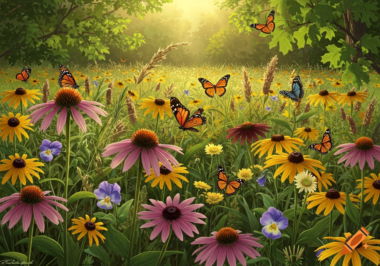 Vibrant meadow with purple coneflowers, yellow daisies, and monarch butterflies under a sunny sky and green trees.