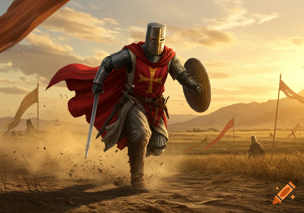 A medieval crusader in full armor and red cape runs across a dusty battlefield at sunset, holding a sword and shield.