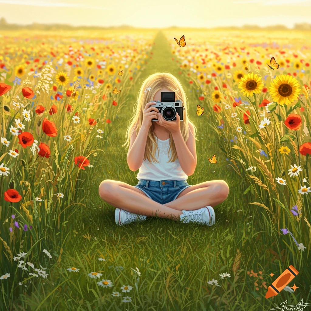 Young blonde girl sits in a vibrant wildflower field, holding a camera to photograph the scene, with butterflies.