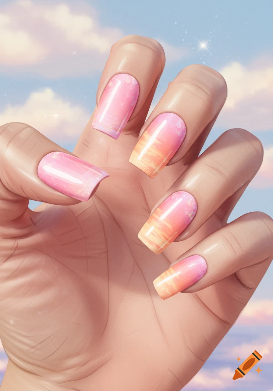 A hand with long, square-shaped acrylic nails painted with a pastel pink and orange gradient, against a soft cloudy sky.