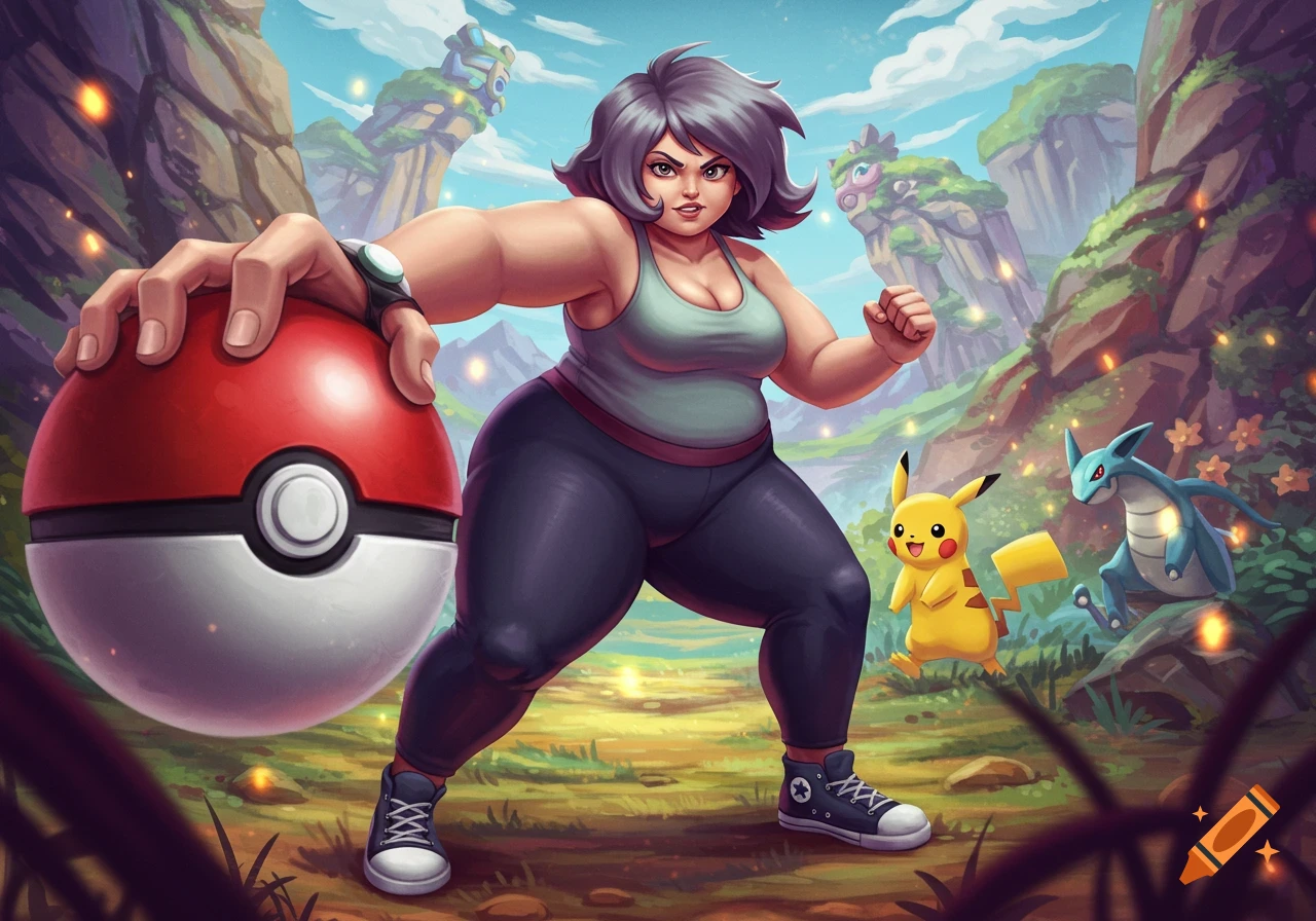 An illustrated curvy female Pokmon trainer holds a large Pokeball in a vibrant fantasy landscape with Pikachu and another Pokmon.