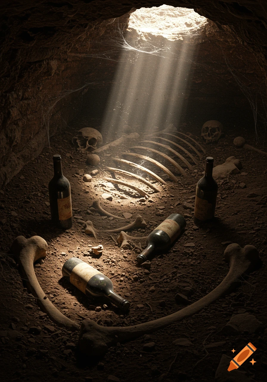 Sunlight streams into a dark cave illuminating human skeletons, bones, and dusty wine bottles on the earthen floor.