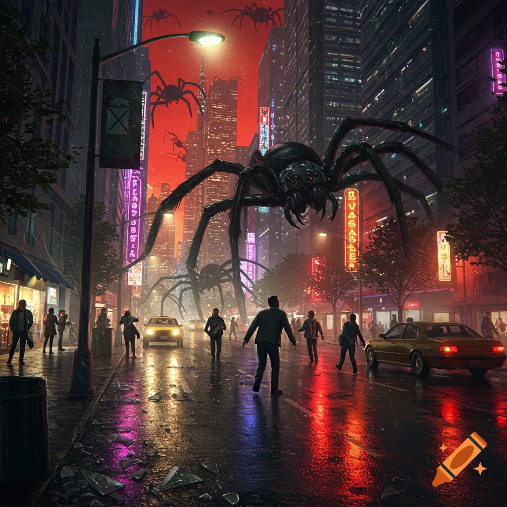 Giant black spiders loom over a rain-slicked city street at night, illuminated by neon signs and streetlights, as people flee in terror.