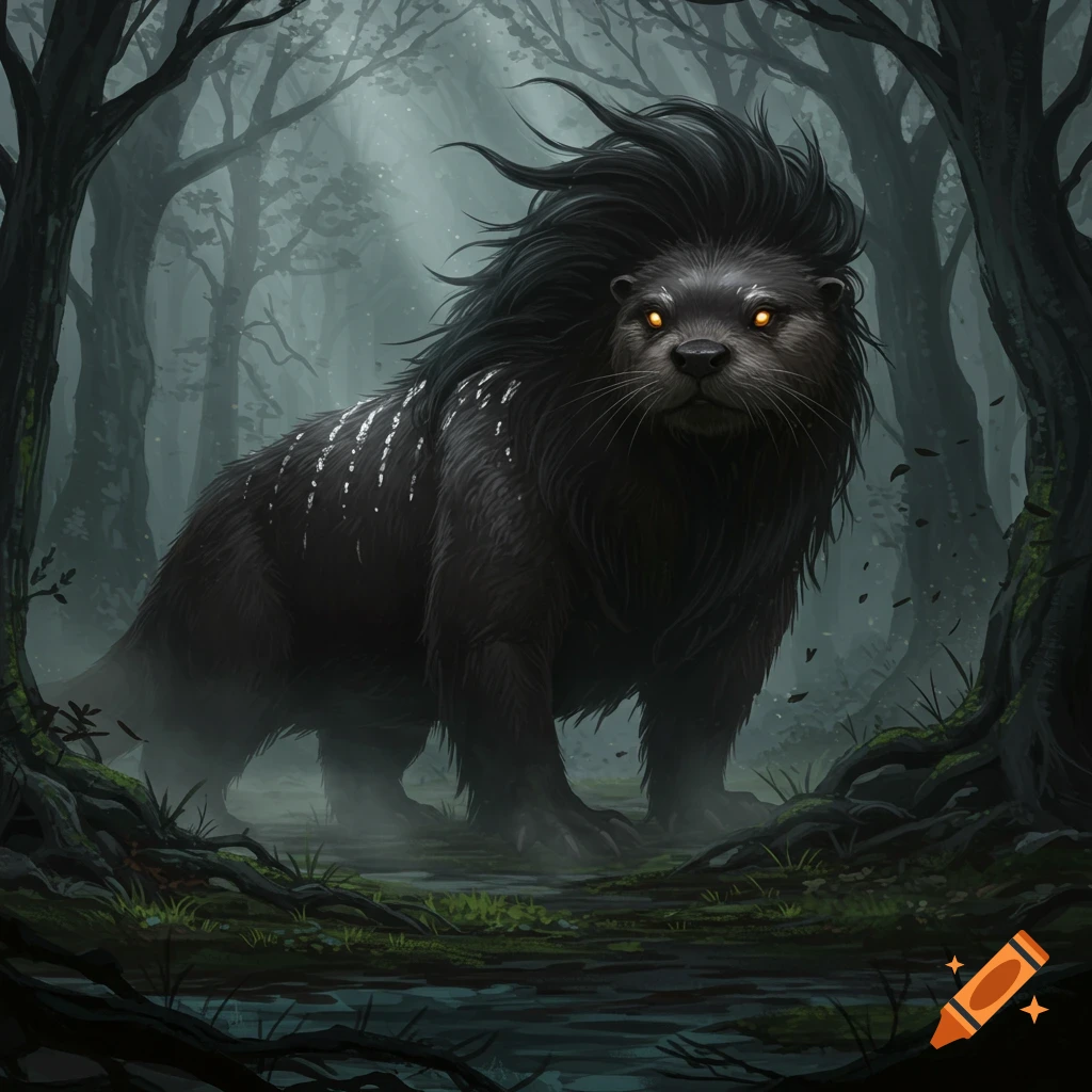 Dark, furry, otter-like monster with glowing orange eyes and a wild mane of hair stands in a misty, dark forest, fantasy art style.