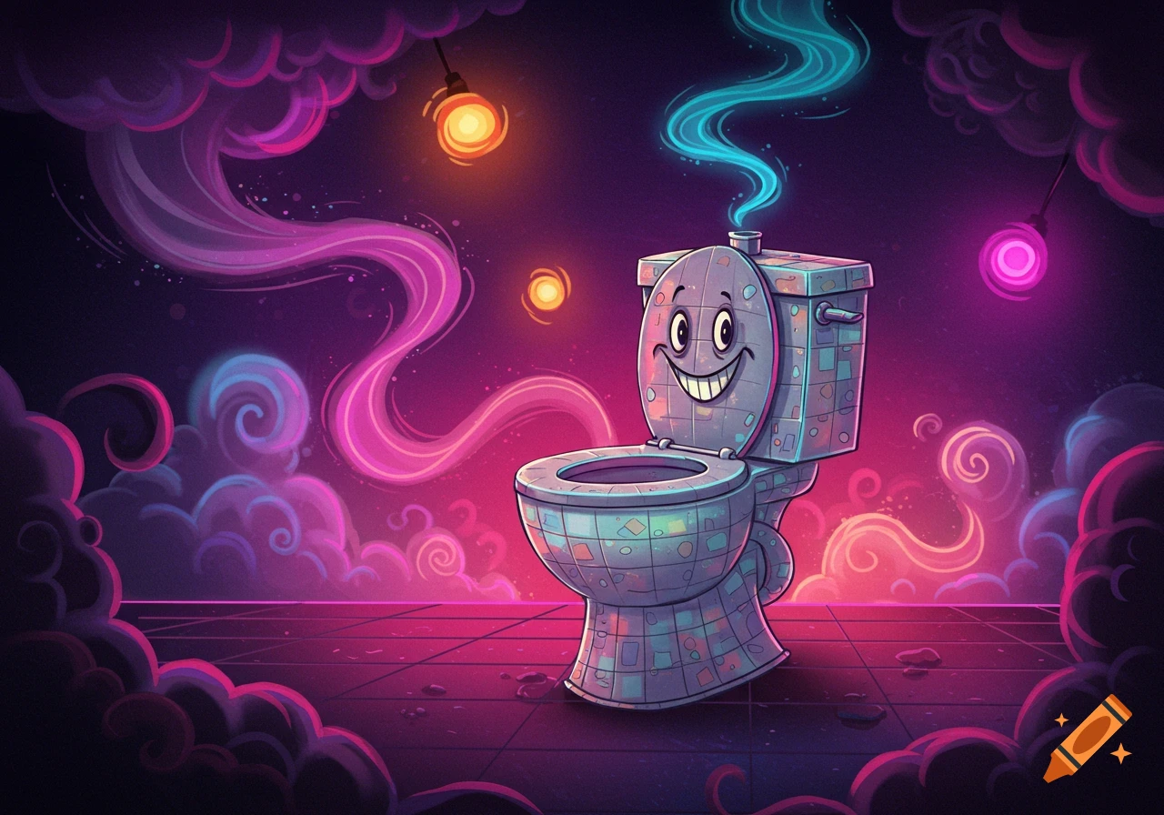 A smiling cartoon toilet with blue smoke in a vibrant, neon pink and purple surreal fantasy landscape with glowing lights and clouds.