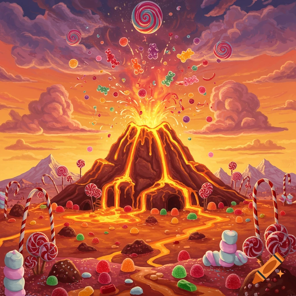 A colorful candy volcano erupting gummy bears and lollipops into a vibrant sunset sky, with candy canes and jelly beans on the ground.