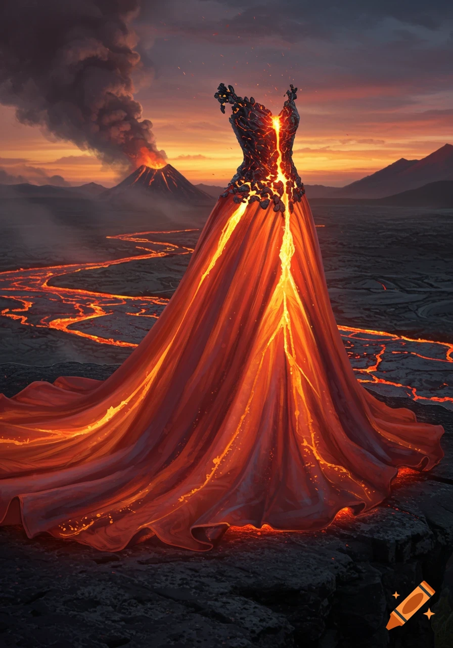 A dramatic dress made of flowing lava, standing in a volcanic landscape with an erupting volcano at sunset.