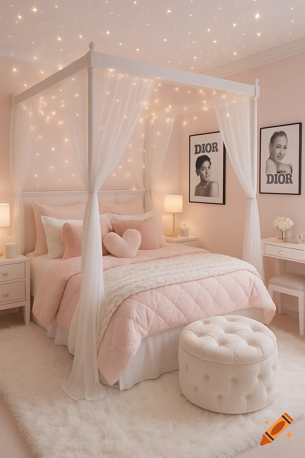 A dreamy pink and white bedroom with a canopy bed, fairy lights, fluffy rug, and Dior posters.
