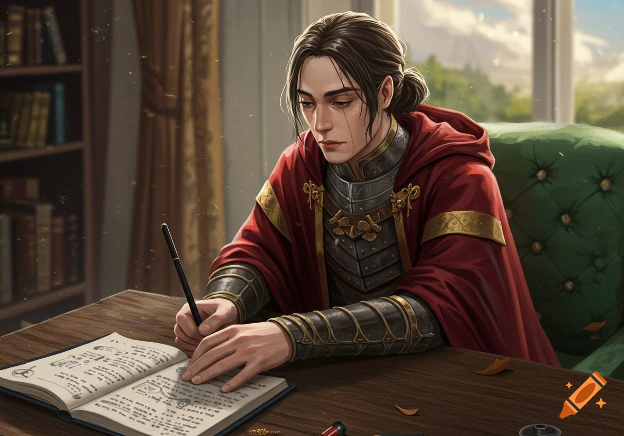 A person in a red hooded cloak and armor writes in an open book with a quill at a wooden desk in a study.