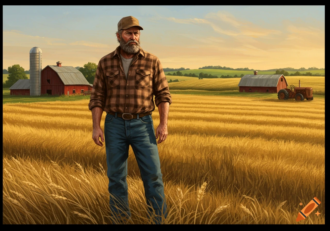 A bearded man in a plaid shirt stands in a golden wheat field with barns, a silo, and a tractor in the rural background. Realistic style.