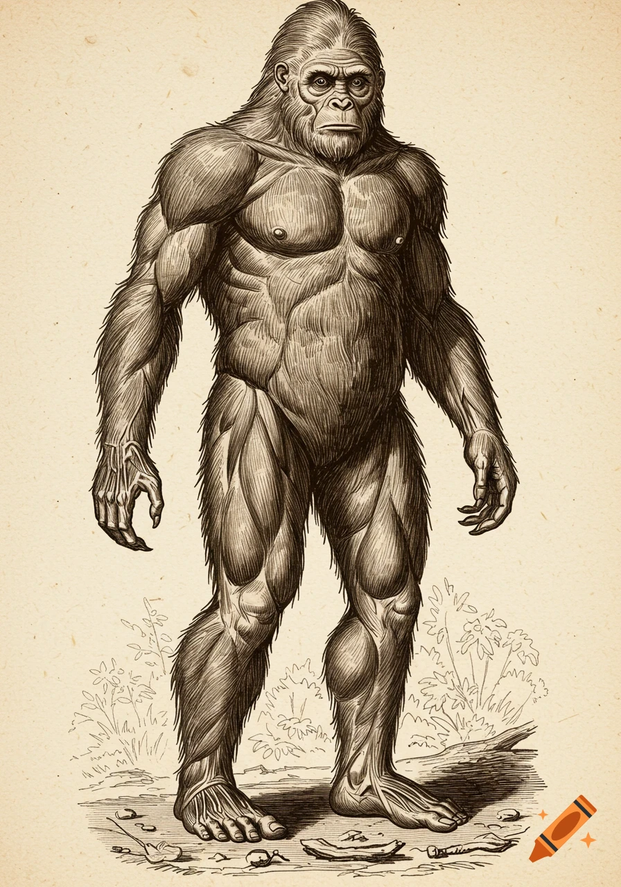 A detailed 19th-century anatomical sketch of a standing Bigfoot, showing its muscular physique and hairy body on a sepia background.