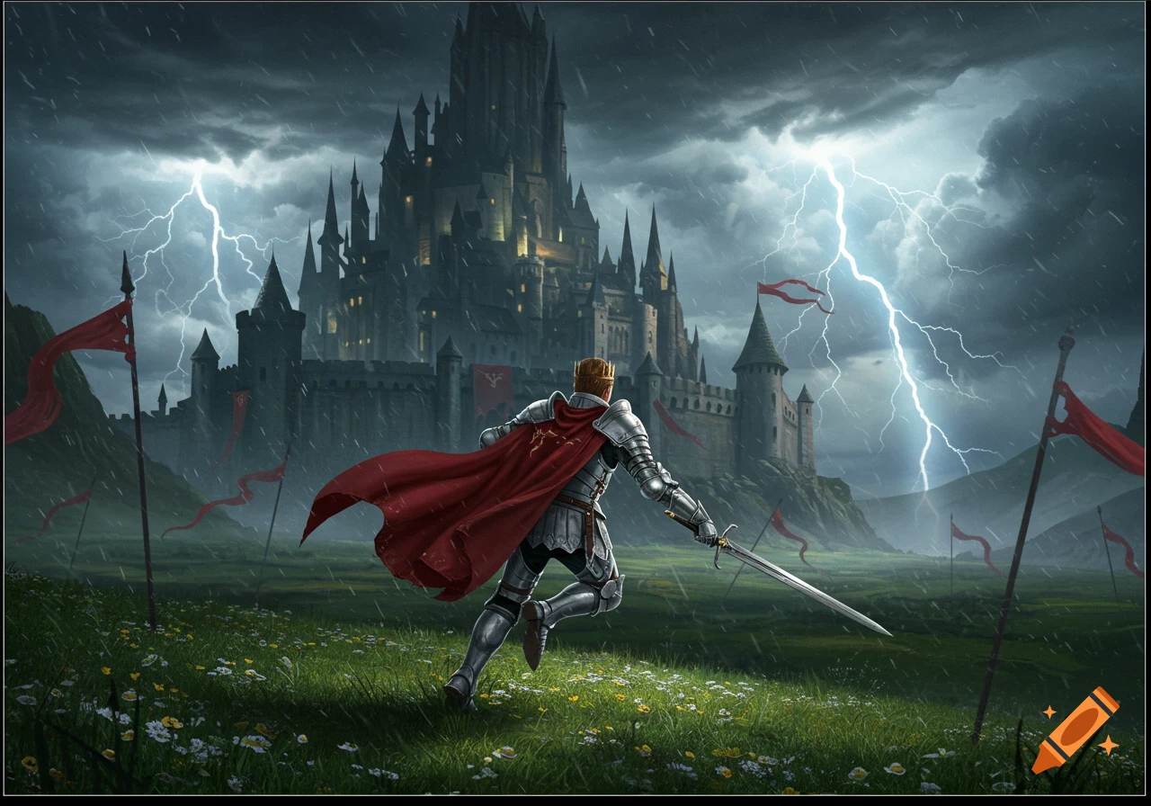 A knight in shining armor with a red cape runs across a grassy field towards a large castle during a thunderstorm with lightning strikes.