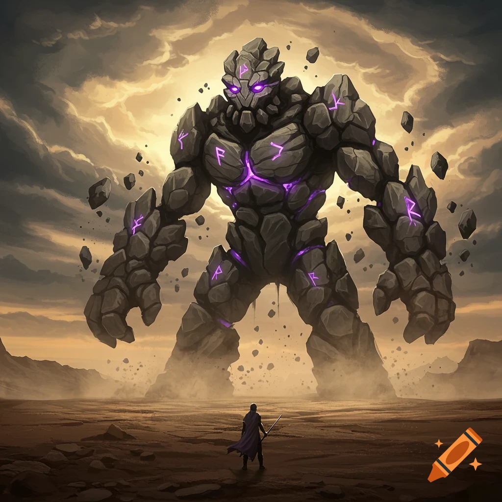 A colossal, glowing purple rock monster faces a small warrior in a barren, cloudy landscape.