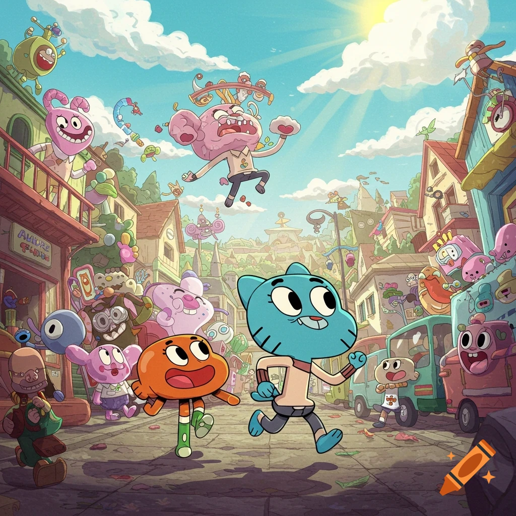Gumball and Darwin run through a bustling, colorful cartoon town with other whimsical characters under a bright blue sky.