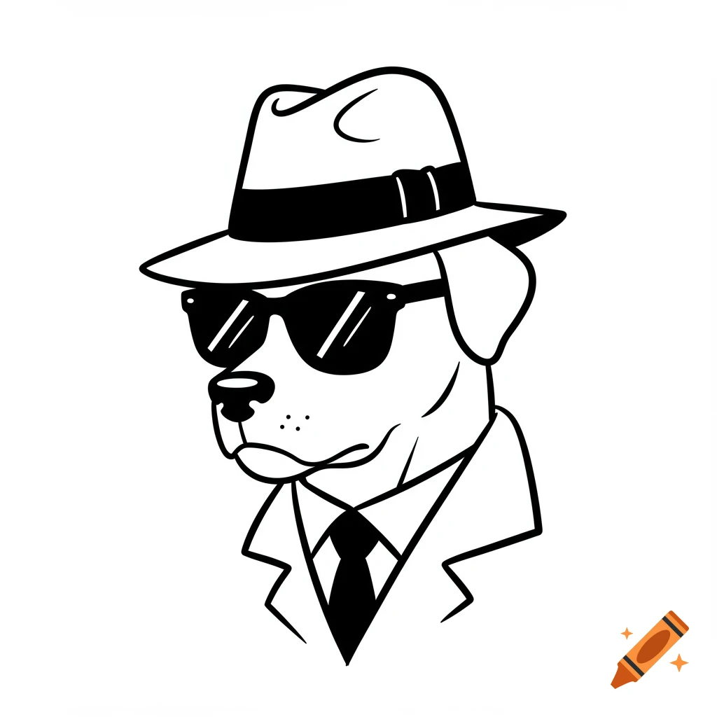 Black and white minimalist cartoon illustration of a dog wearing a fedora, sunglasses, and a suit jacket with a tie.