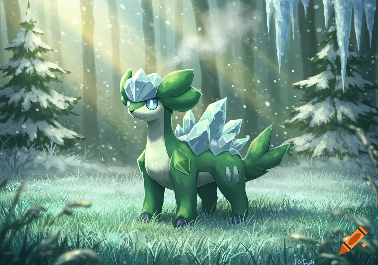 A green, quadrupedal creature resembling a Pokémon with large ice crystals on its back and head, stands in a snowy forest with falling snow and icicles.