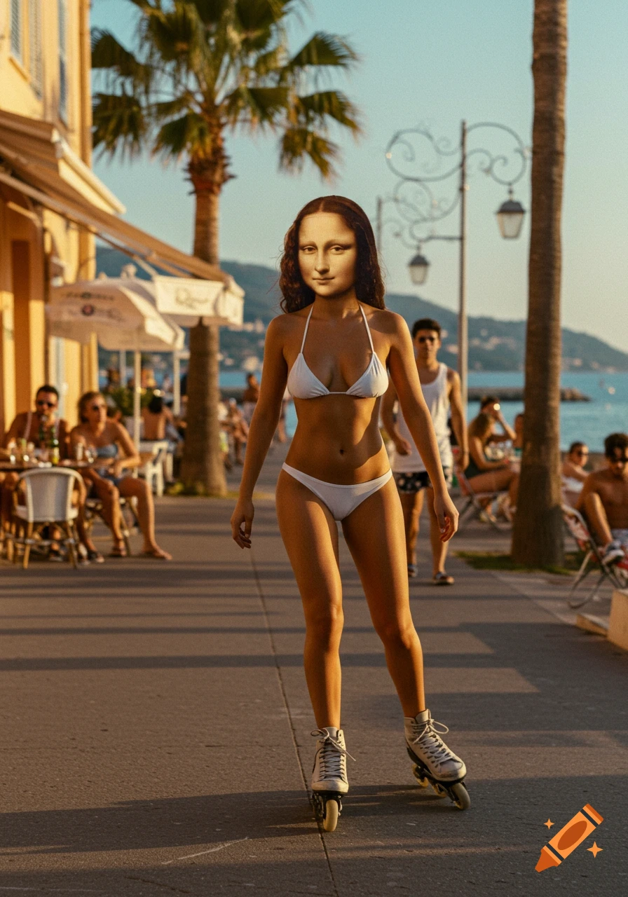 Mona Lisa's face on a woman in a white bikini rollerblading on a sunny Saint-Tropez sidewalk with palm trees and the sea. Photorealistic.