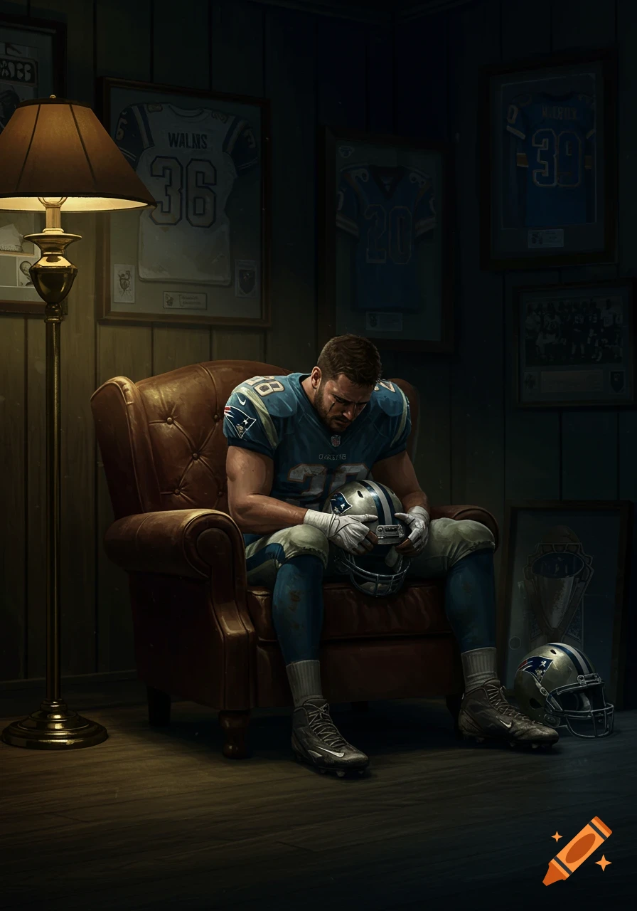 A sad football player in a blue and white jersey sits in a brown armchair, holding his helmet in a dimly lit room with framed jerseys on the wall.