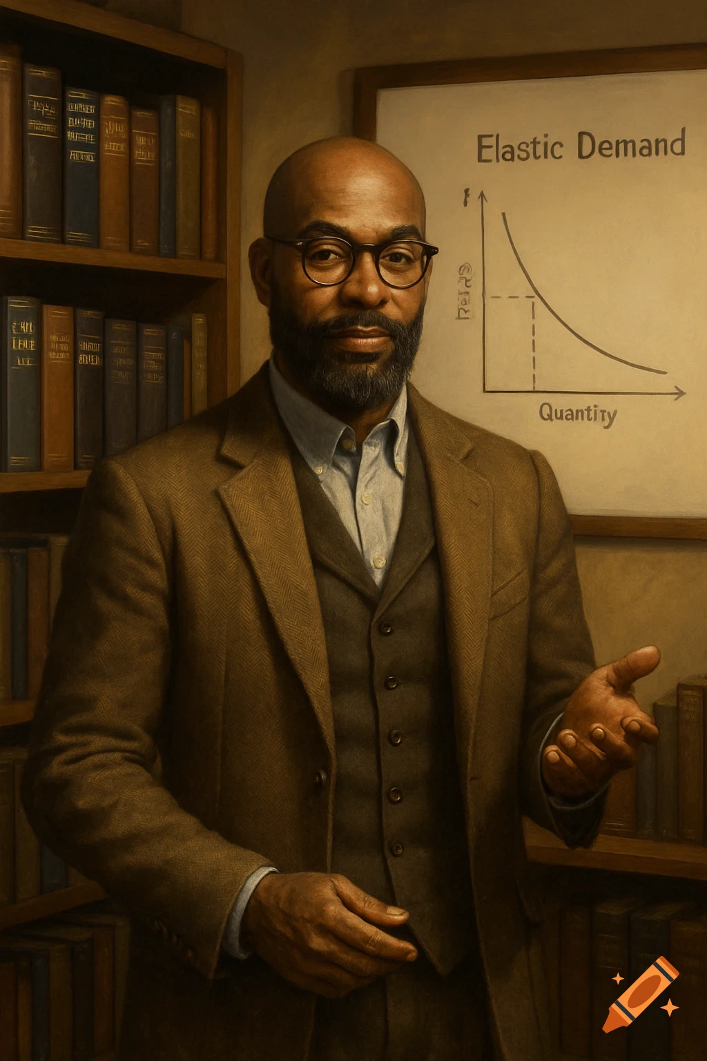 A bald Black man with a beard and glasses, wearing a brown suit, stands in a library in front of a whiteboard with an "Elastic Demand" graph.