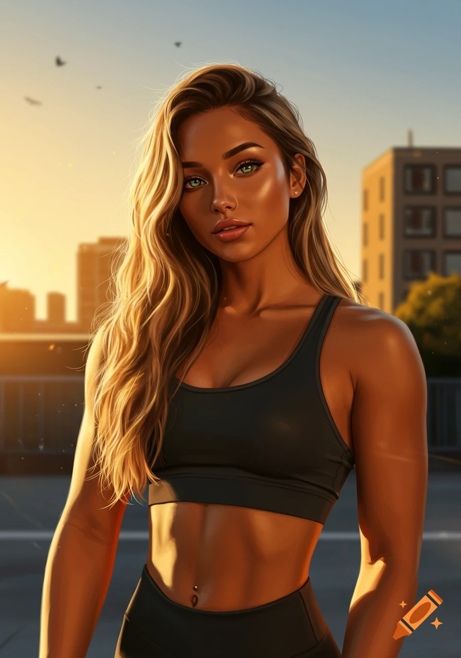 A photorealistic portrait of a young woman with long blonde hair and green eyes, wearing a black sports bra and leggings, against a city sunset.