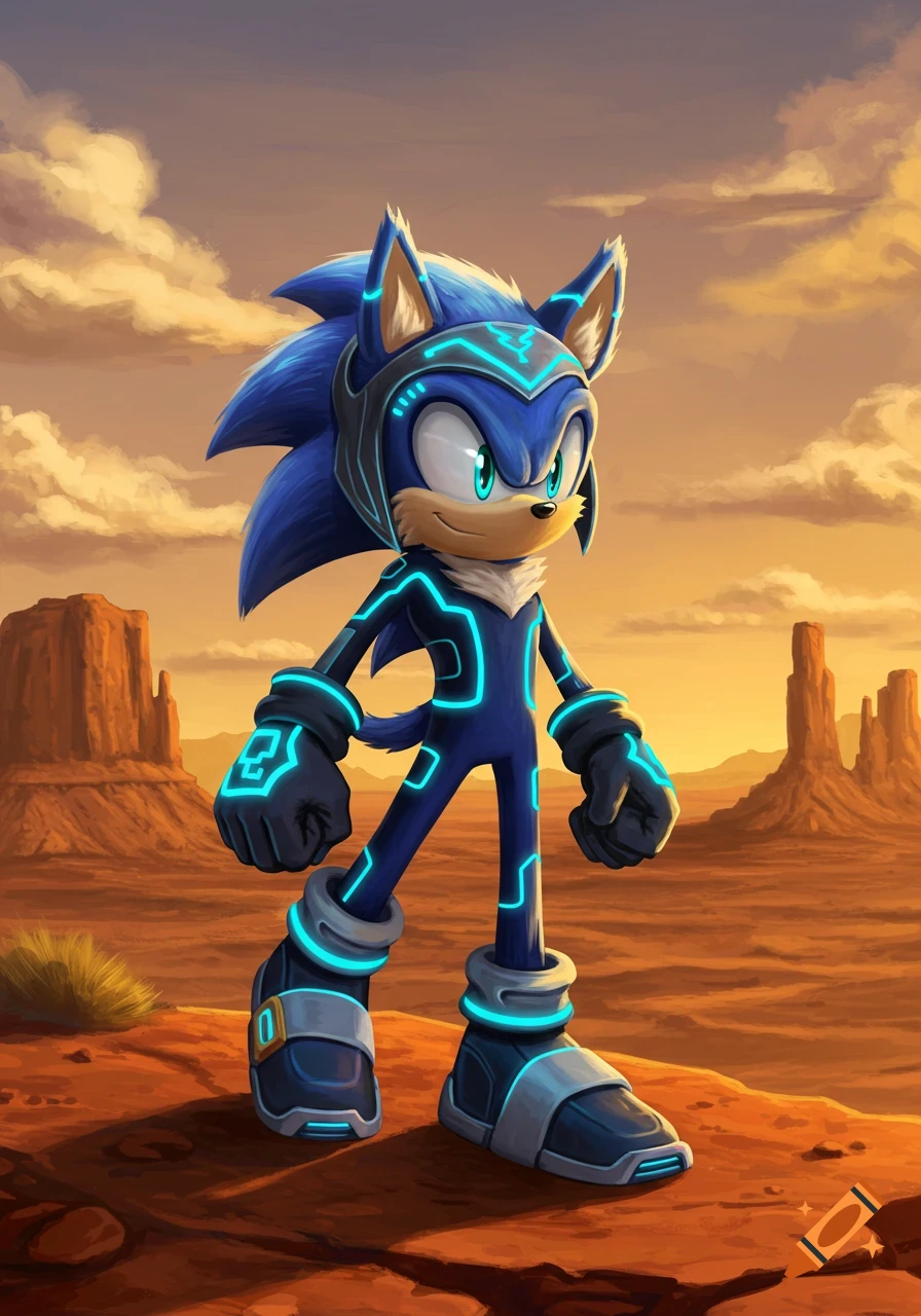 Sonic-like character in a futuristic blue and black suit with glowing lines stands in a desert landscape at sunset.