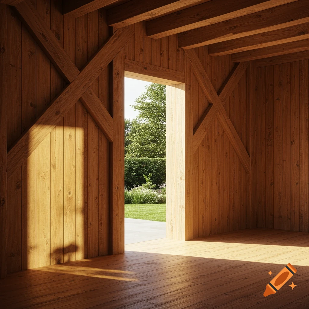 Photorealistic image of a rustic wooden room with an open doorway looking out onto a sunny green garden.