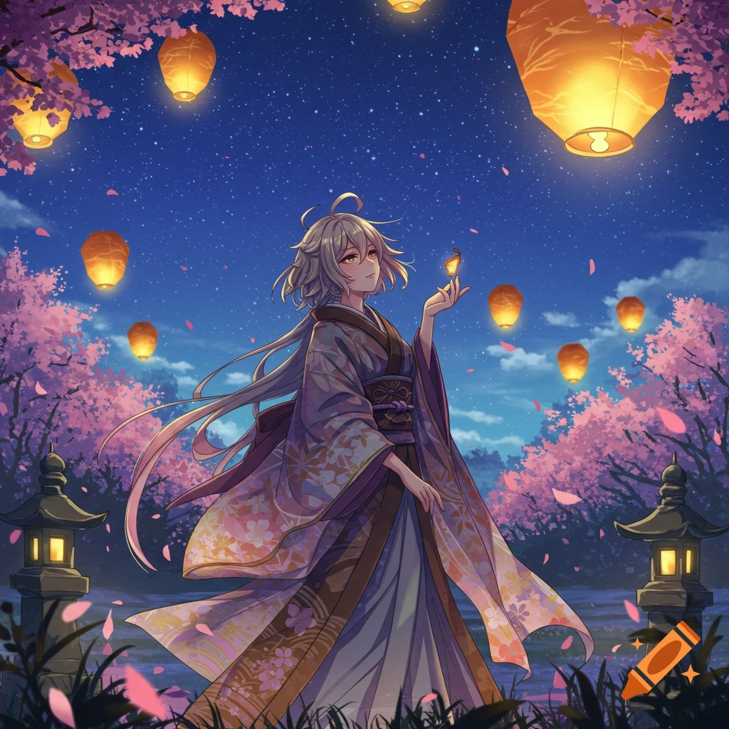 Anime girl in a kimono under a starry sky with cherry blossom trees and floating lanterns, holding a glowing butterfly.