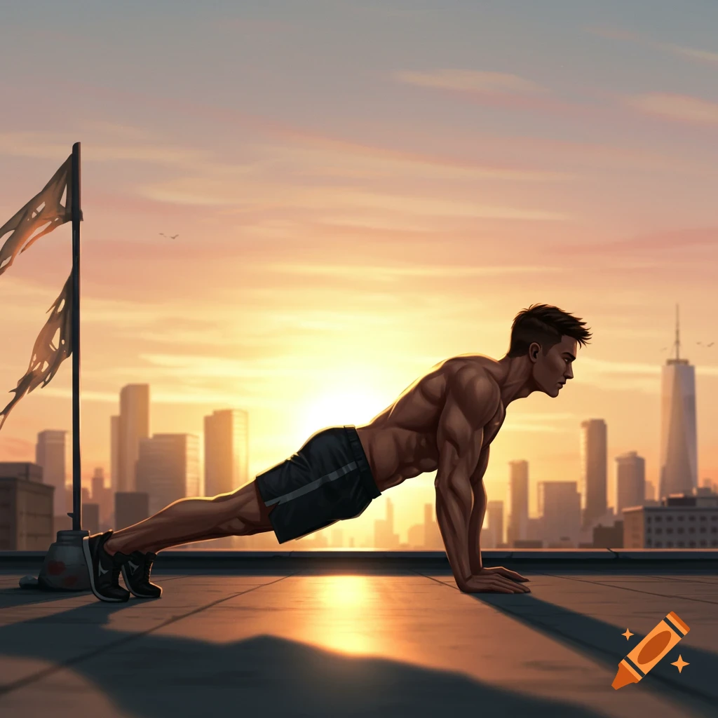Muscular man doing pushups on a city rooftop at sunset with a torn flag nearby.