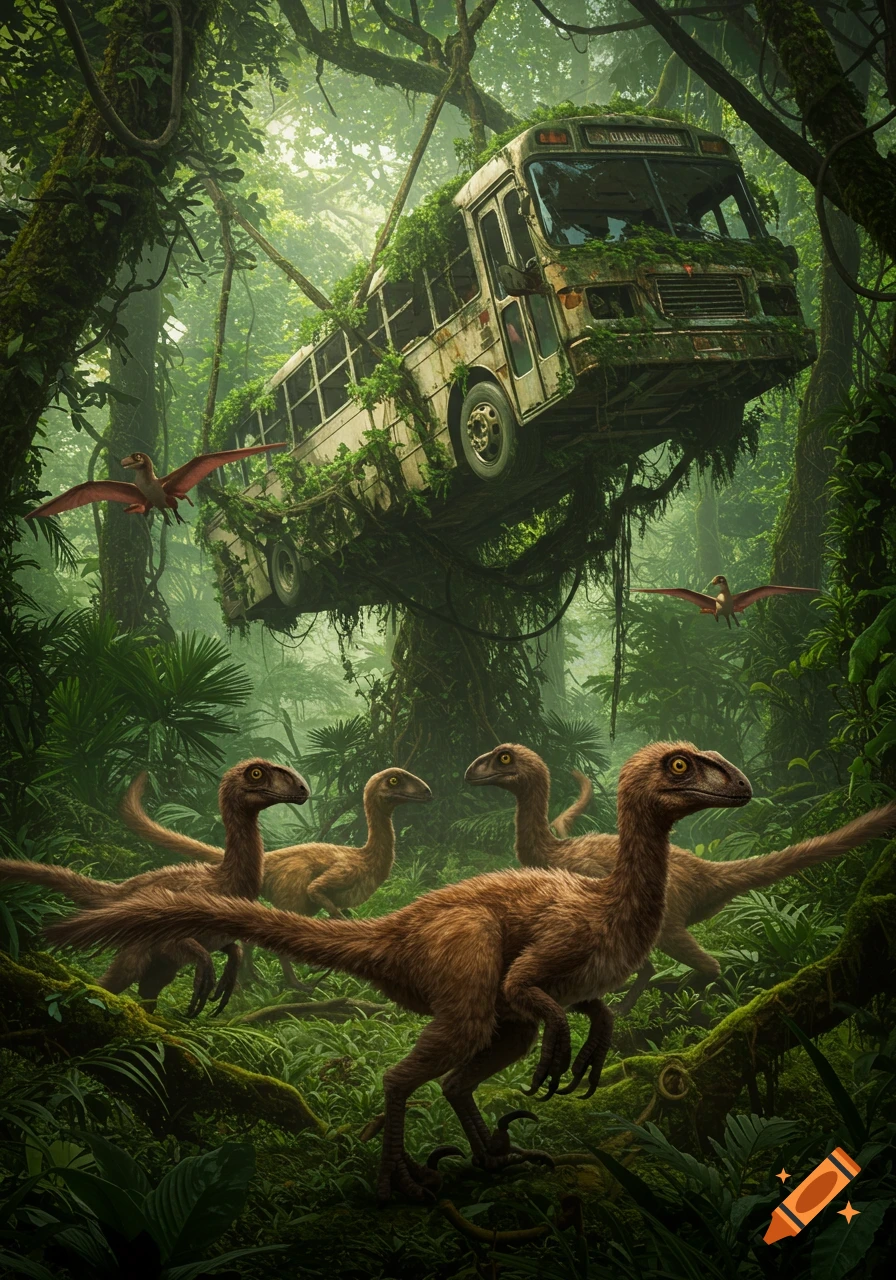 Fluffy feathered deinonychus stand in a lush jungle, while an abandoned, vine-covered bus hangs suspended from trees above.
