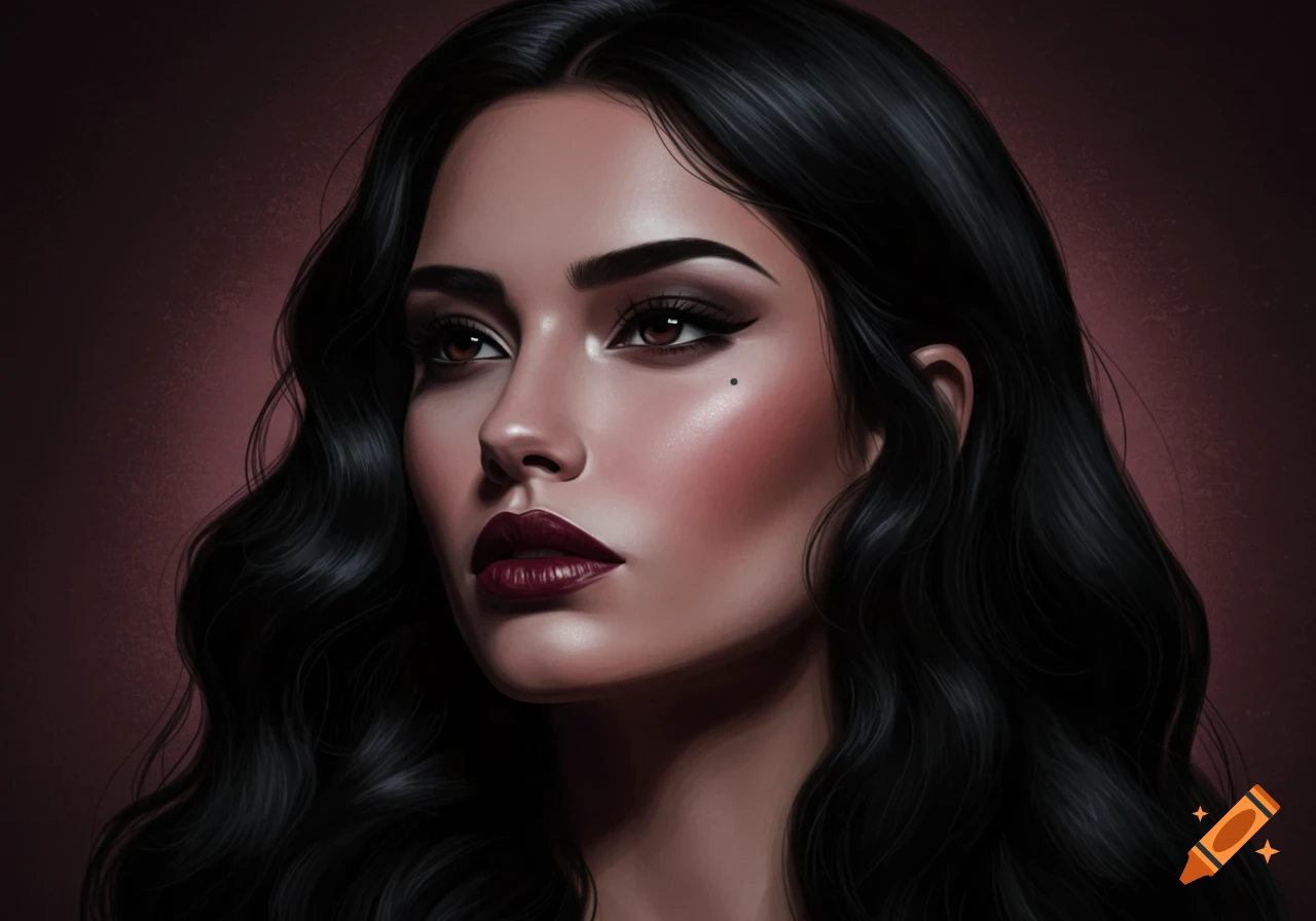 Digital painting of a beautiful woman with dark wavy hair, dark makeup, and a stern expression looking left.