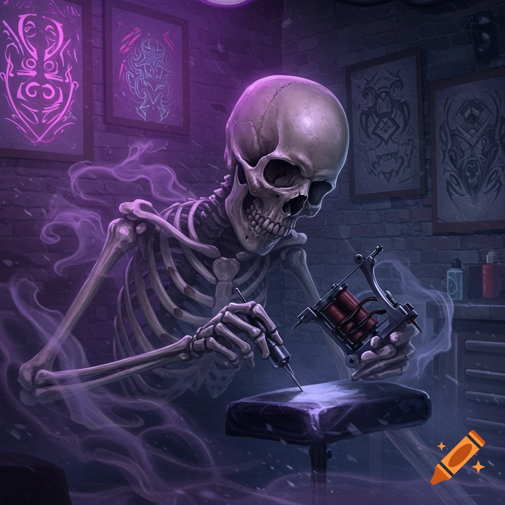 A skeletal figure with purple smoky aura sits in a dark, neon-lit tattoo parlor, holding a tattoo machine over a surface.