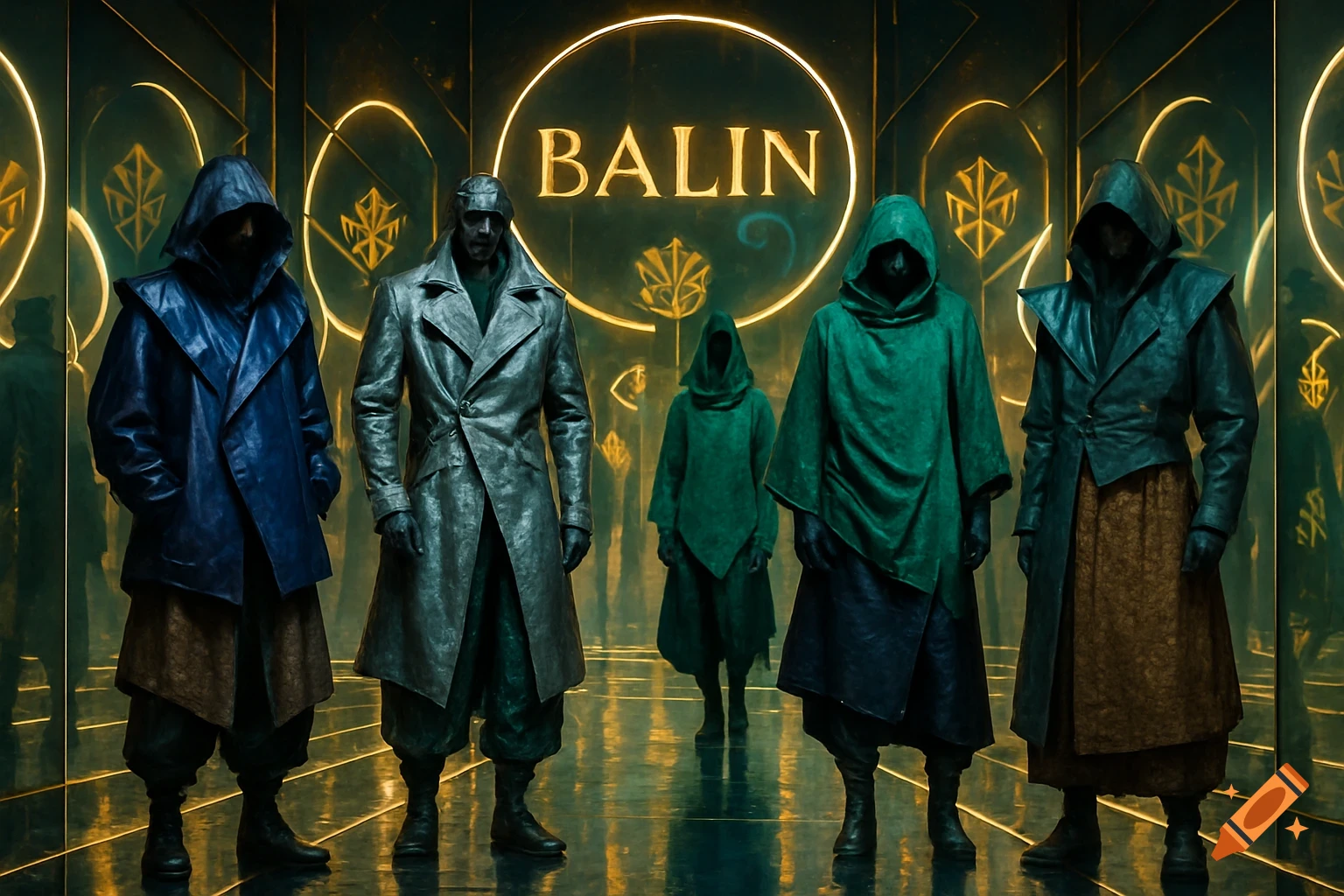 Five figures in hooded cloaks and coats stand in a dark, futuristic hall with glowing gold symbols and 'BALIN' on the wall.