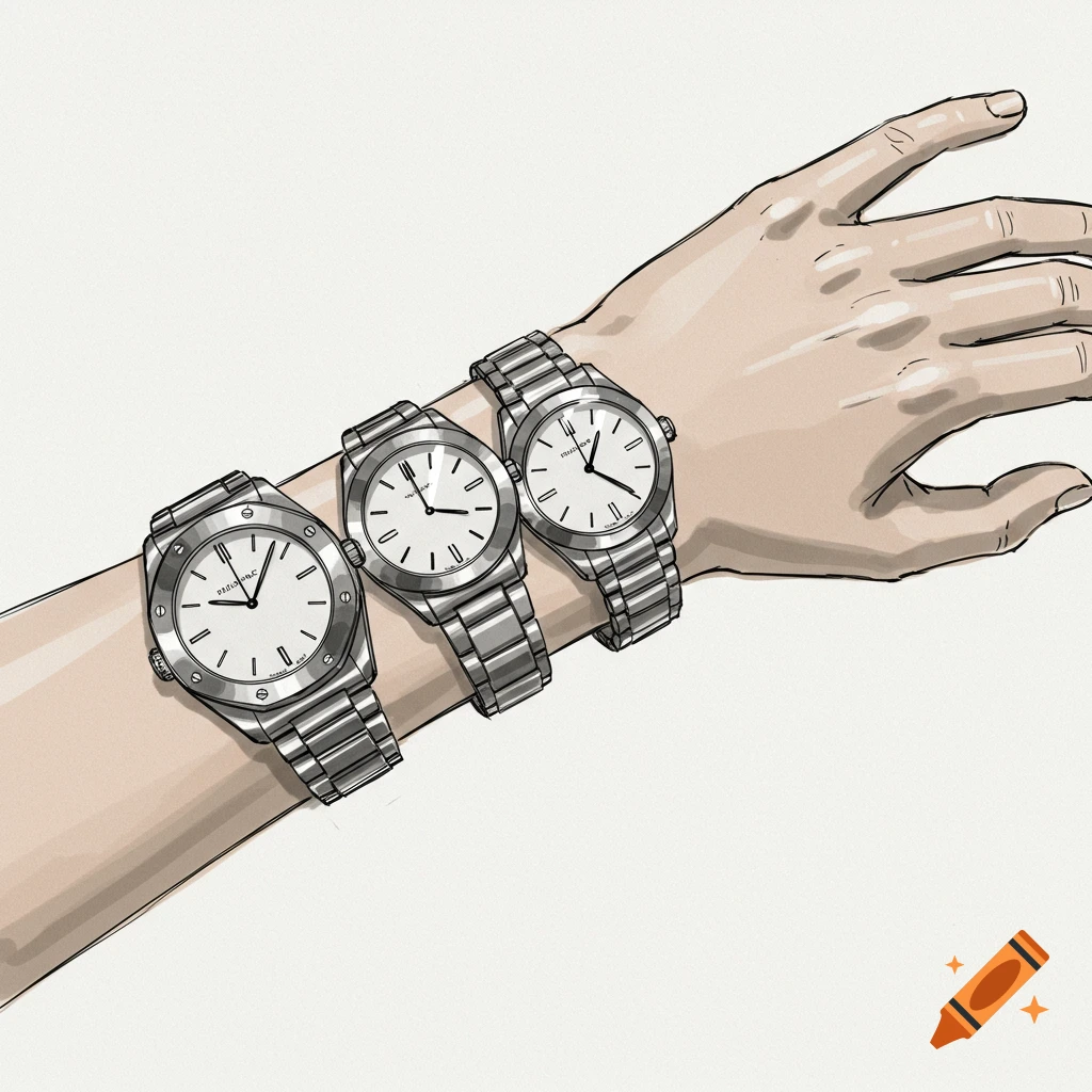 Sketch of an arm wearing three large silver watches on a white background.