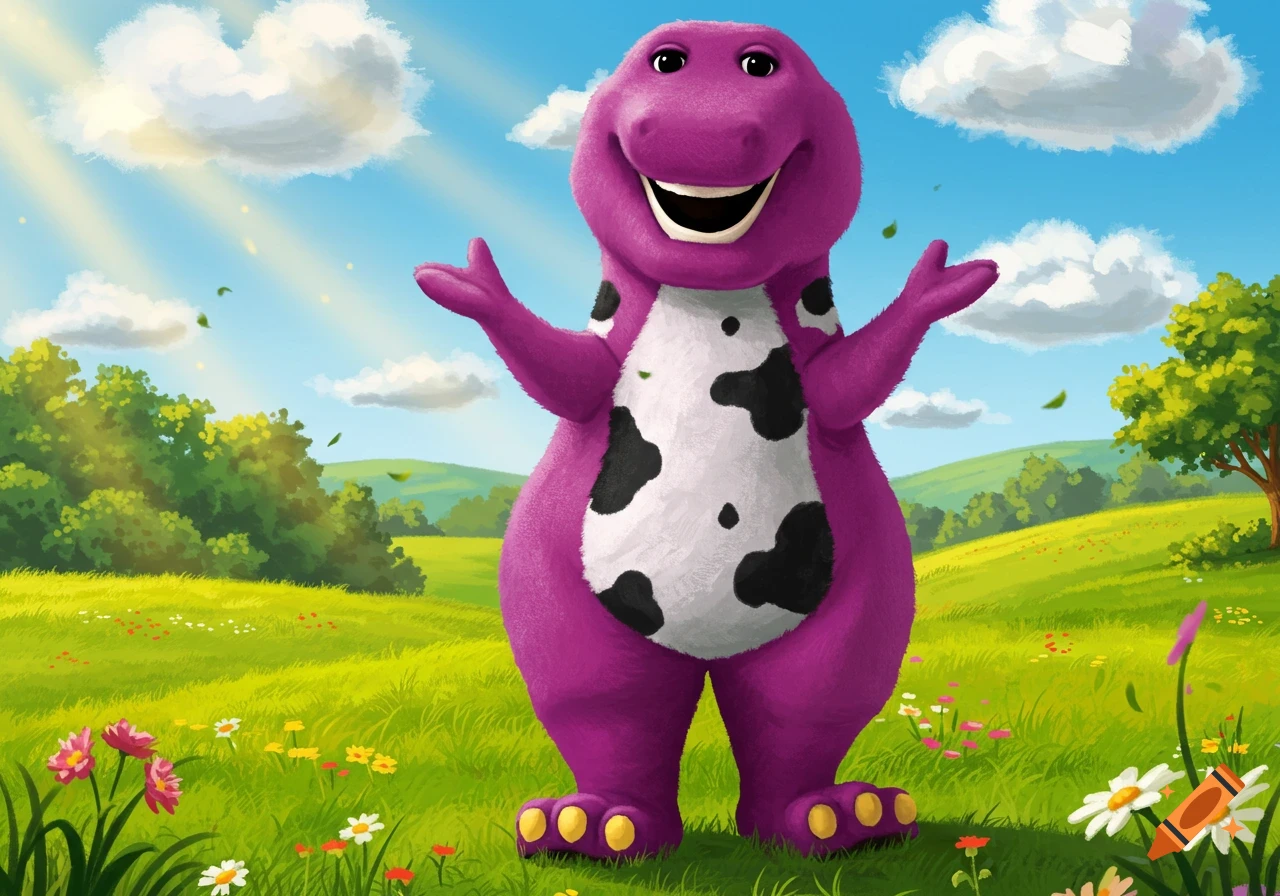 Barney the purple dinosaur with cow spots stands smiling with arms open in a sunny grassy field with clouds and trees.