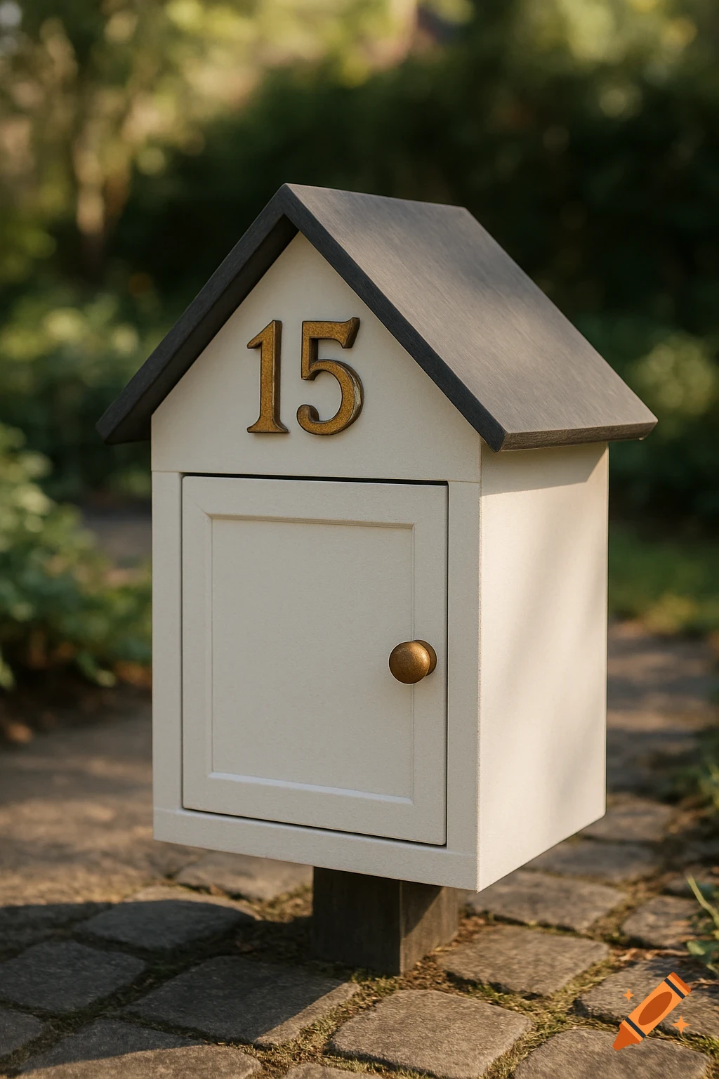 A white, house-shaped letter box with a dark grey roof and the number 15 in rustic gold, standing on a paved outdoor surface.