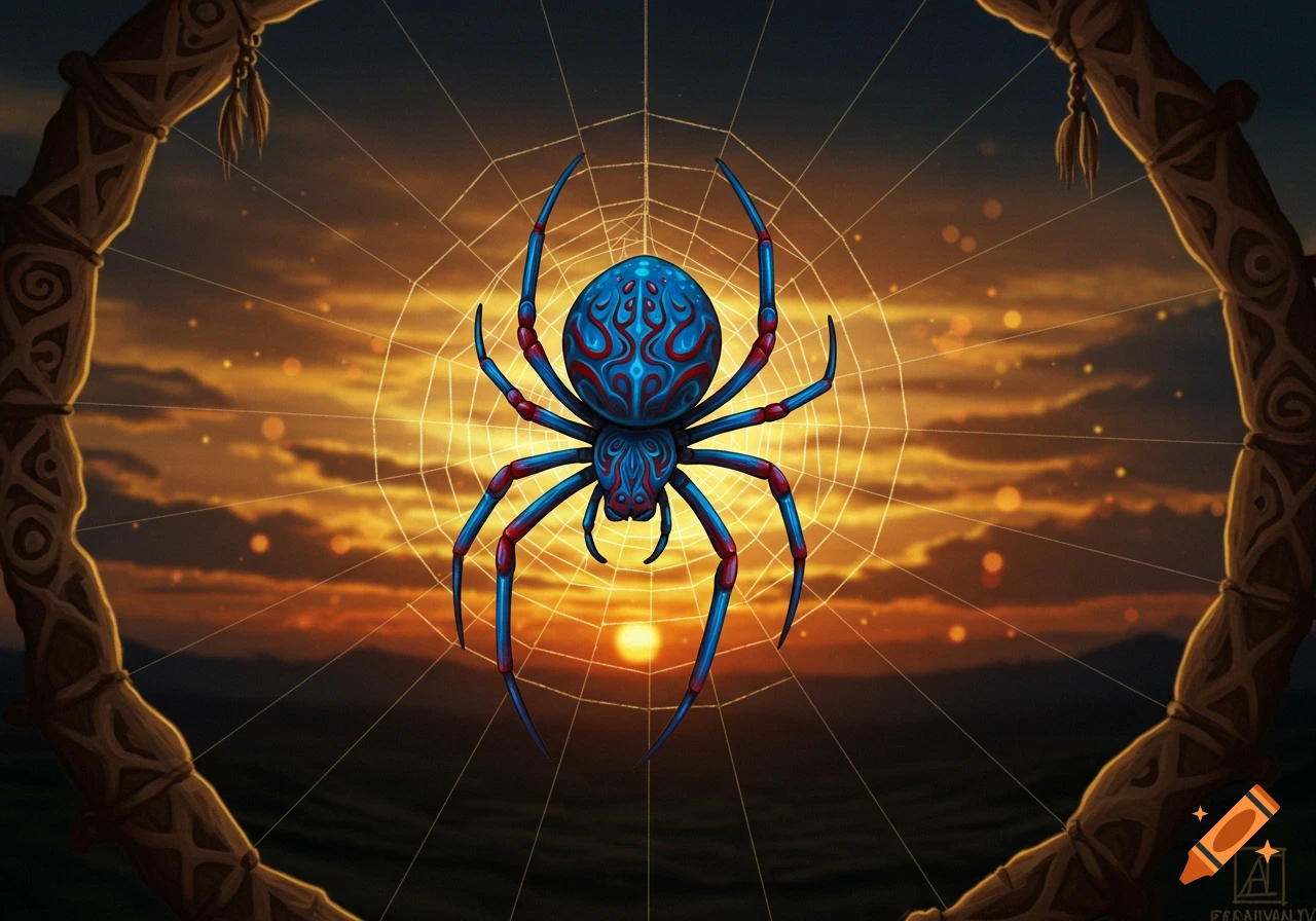 A vibrant blue and red patterned spider on a web, framed by a decorated wooden arch, against a golden sunset.