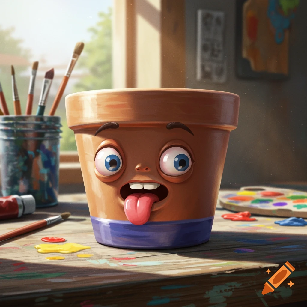 A goofy-looking cartoon terracotta pot with wide eyes and a tongue sticking out sits on a wooden desk with spilled paint and art supplies.