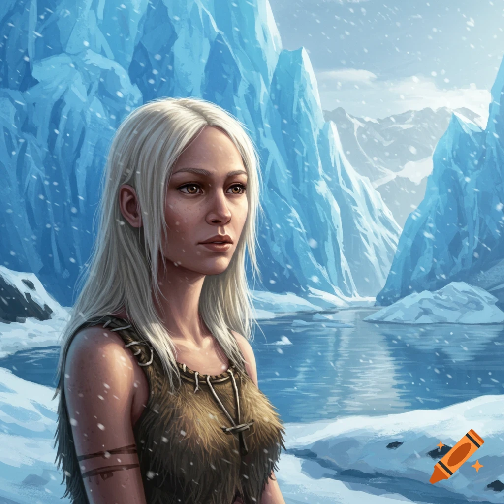 A woman with long white hair and a fur top stands in a snowy arctic landscape with icy mountains and a frozen lake.