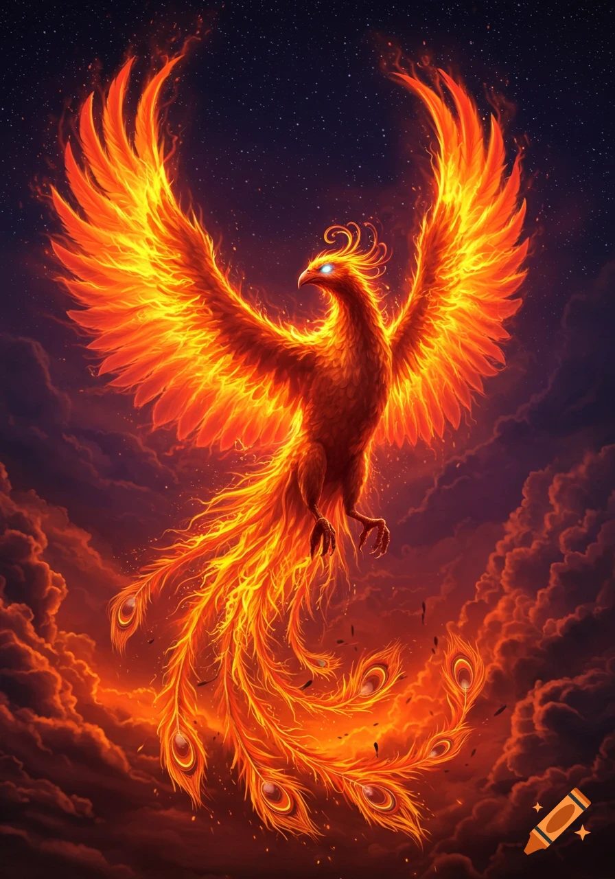 A majestic, fiery phoenix with large, glowing wings and a long tail soars through a dark, star-filled sky above fiery clouds.