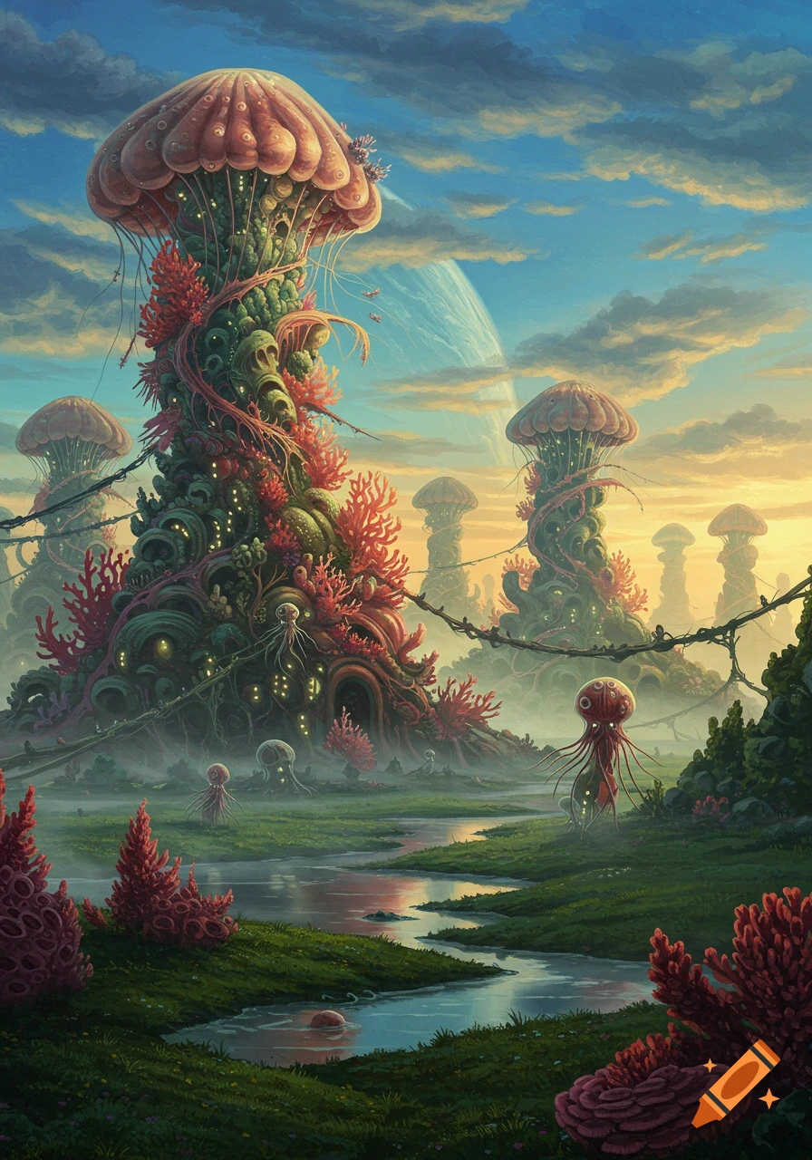 A surreal painting of a vibrant alien landscape with mushroom-like cities, jellyfish creatures, and a large planet in the sky.