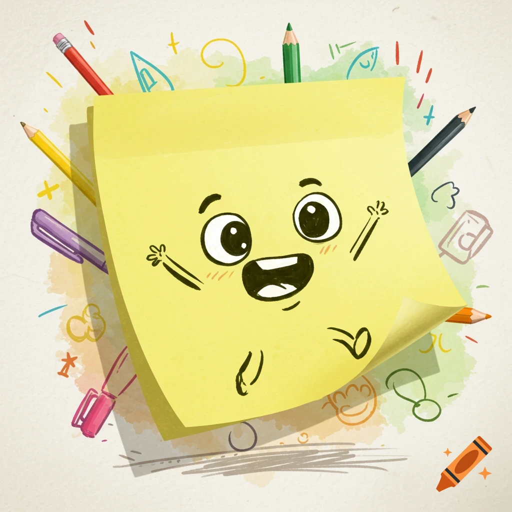 A cheerful, yellow cartoon post-it note with a happy face, surrounded by colorful pencils and pens, in an illustration style.