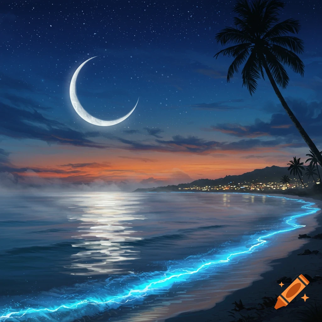 A crescent moon illuminates a night beach with bioluminescent waves, palm trees, and distant city lights under a star-filled sky.