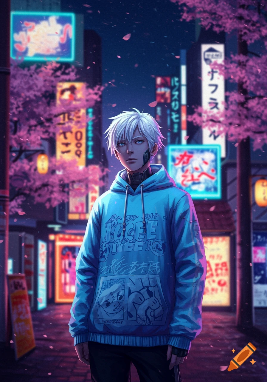 An anime boy with white hair and blue eyes stands in a neon-lit Japanese city street, with cherry blossoms and glowing signs around him.