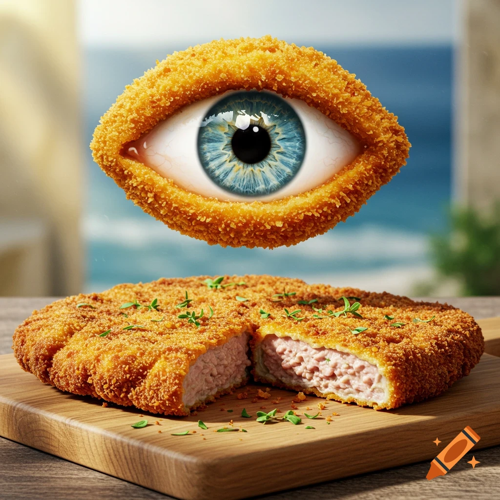A photorealistic breaded schnitzel with a cut slice on a wooden board, with a large, breaded human eye floating above it.