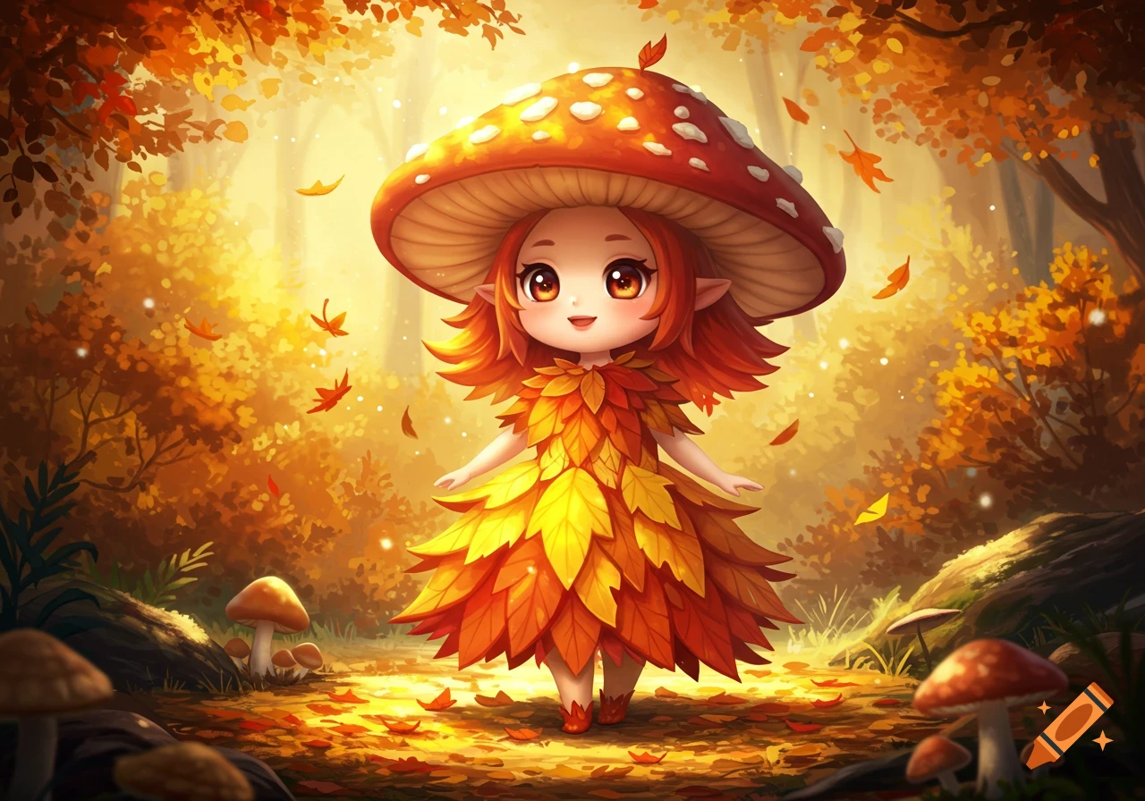 A cute chibi mushroom princess with red hair and a leaf dress stands in a vibrant autumn forest with falling leaves and small mushrooms in a whimsical art style.