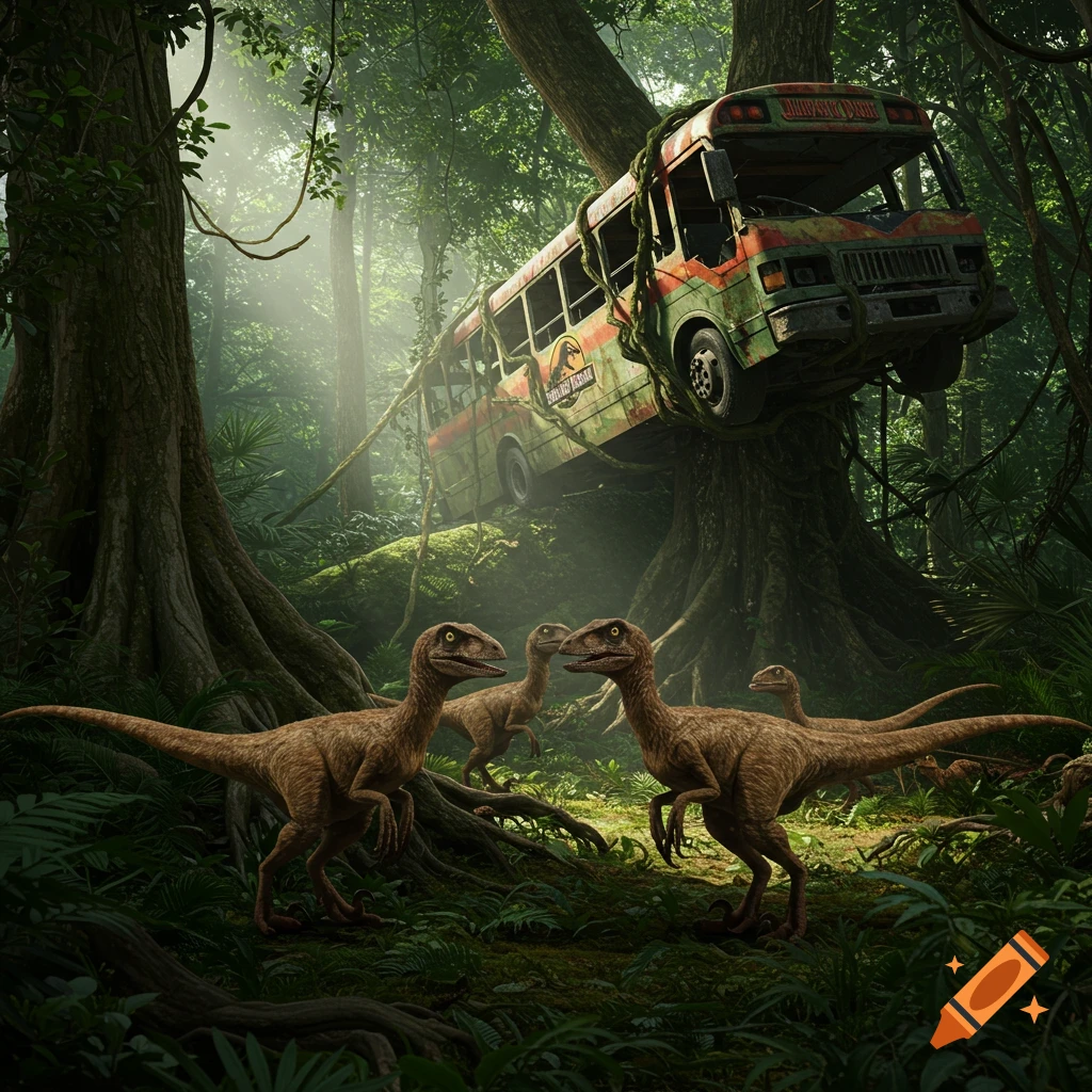 A pack of brown raptors in a lush jungle gaze at a crashed, moss-covered Jurassic Park tour bus suspended in trees. Photorealistic.