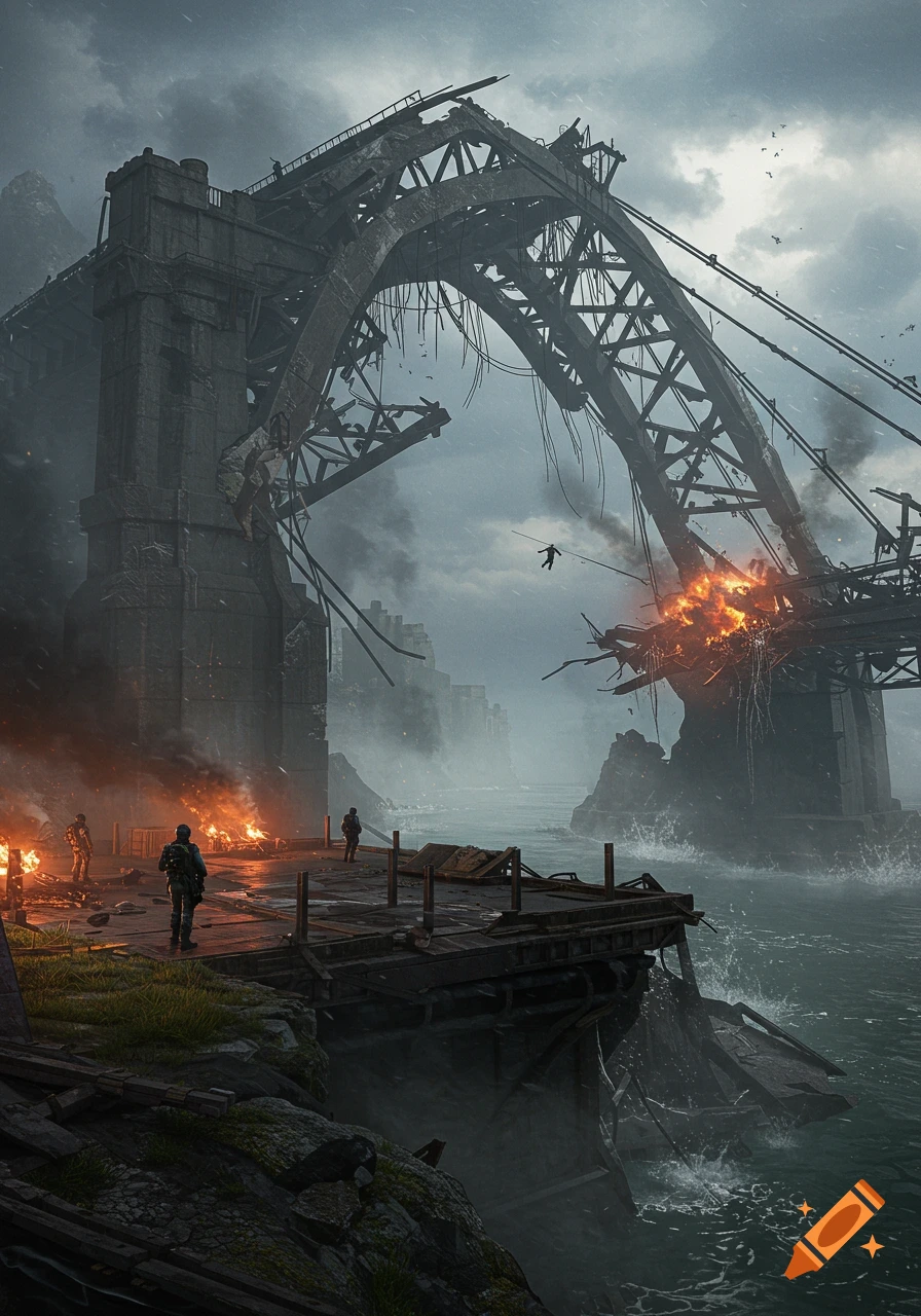 Post-apocalyptic scene with an exploding, broken bridge over rough water, armed figures on a platform below.