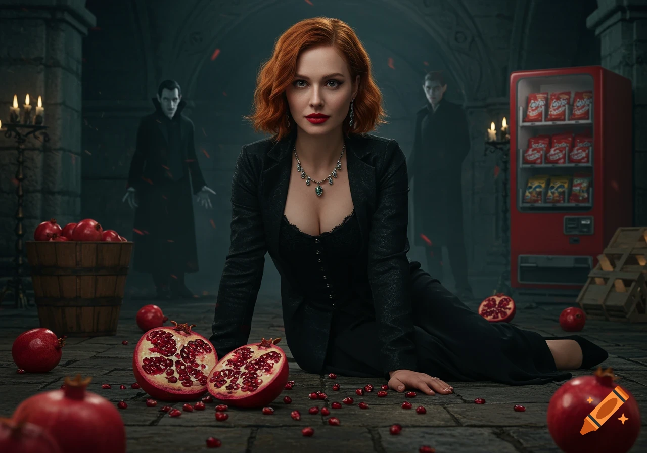 Photorealistic portrait of a red-haired woman sitting on a dungeon floor with pomegranates, vampire, and vending machine.