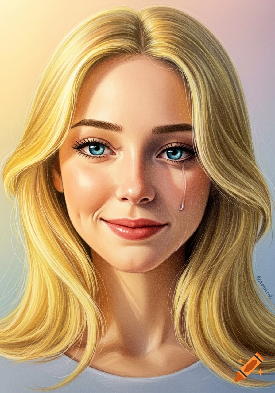 Colored pencil portrait of a blonde woman with blue eyes, smiling with a single tear streaming down her cheek.